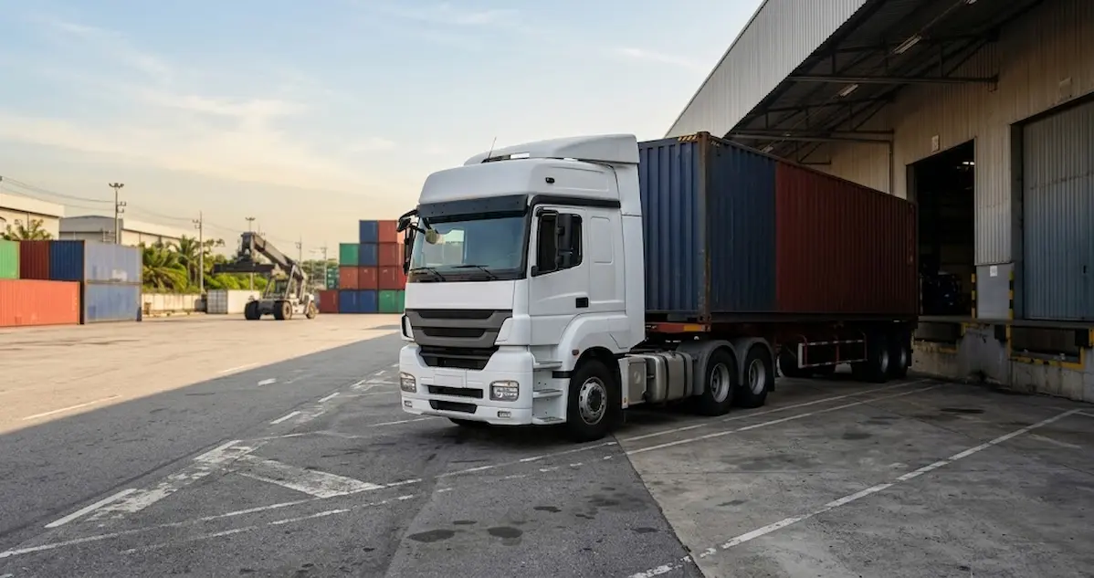 Transportadora para agentes de carga e despachantes: caminhão com contêiner em armazém perto do Porto de Santos