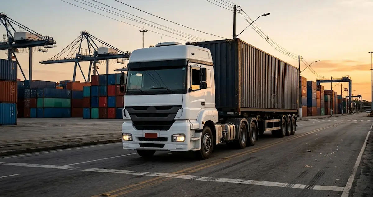 Transportadora para importadores e exportadores: caminhão com contêiner no Porto de Santos